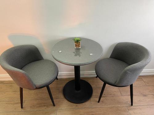 a table with two chairs and a table with a plant on it at TinyApartments - estudio pleno centro Concepción in Concepción