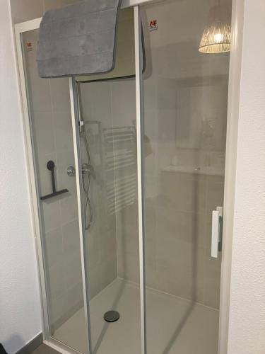 La salle de bains est pourvue d'une douche avec une porte en verre. dans l'établissement Soleil Couchant de Vanessa et Nicolas, à Mimizan