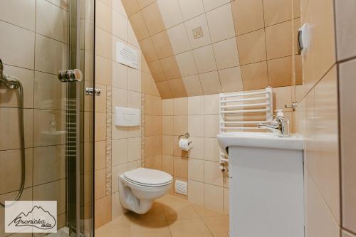 a small bathroom with a toilet and a sink at Willa Gronicka in Białka Tatrzanska