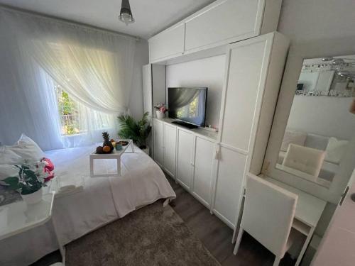 Pokój z łóżkiem, telewizorem i oknem w obiekcie LUXURY room en MADRID w Madrycie