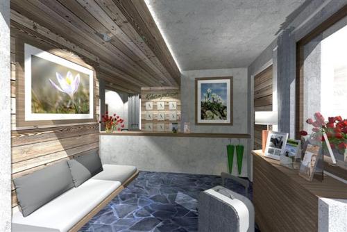 a rendering of a living room with a couch at Hôtel Flor'Alpes in La Giettaz