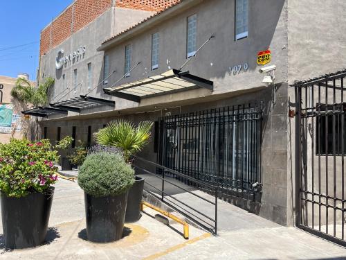 a building with a gate with potted plants in front of it at Genesis Suites / Lofts in San Luis Potosí