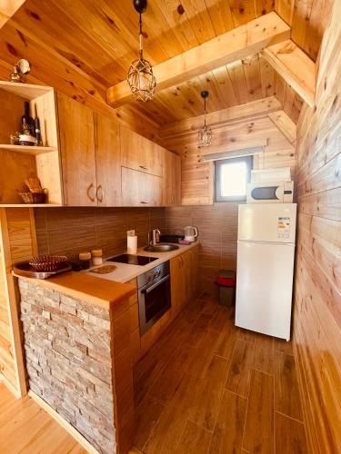 a kitchen with wooden cabinets and a white refrigerator at Guest House LENA in Žabljak