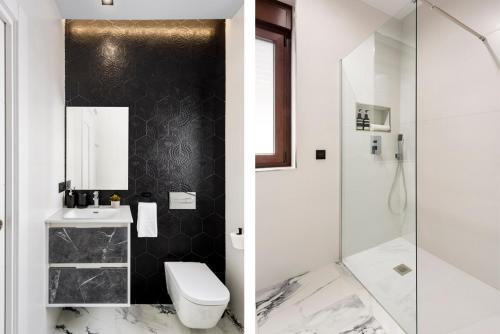 a bathroom with a toilet and a shower at Apartamentos Casa del Arco de 2 a 6 personas in Andújar
