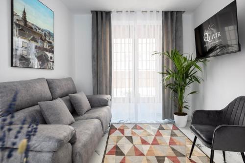 a living room with a gray couch and a window at Apartamentos Casa del Arco de 2 a 6 personas in Andújar