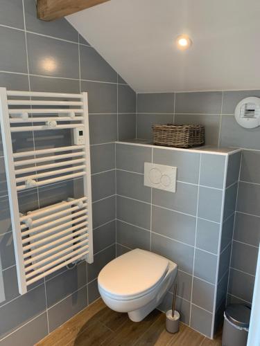 une salle de bain avec WC avec carrelage bleu dans l'établissement Biby BeachHouse, à Lacanau