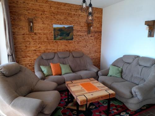 a living room with two couches and a coffee table at Apartman Milekic in Mrkonjić Grad