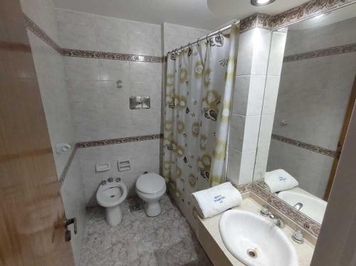 a bathroom with a toilet and a sink and a shower at ADM Ayamitre Hotel in Buenos Aires