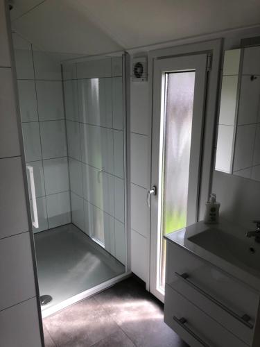 a bathroom with a shower and a sink and a mirror at Luxe vrijstaande chalet voor gezinnen en stellen in Elahuizen