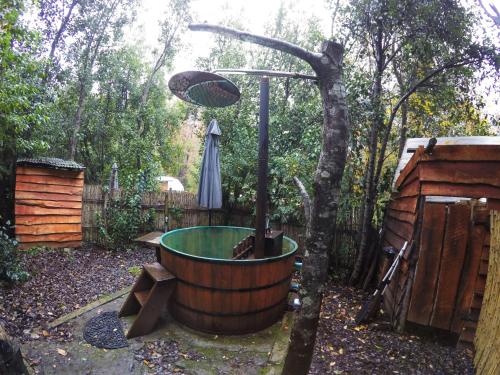 a bath tub in a yard with a tree at Vortice Chile Eco-Lodge in Manzanar