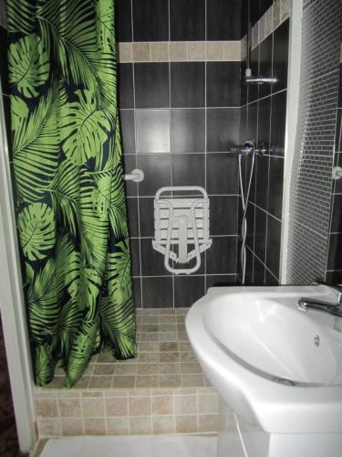 bagno con tenda per la doccia e lavandino di Chez Tania a Vallon-Pont-dʼArc
