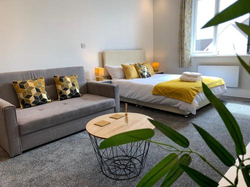 a living room with a bed and a couch at Cosy Studio Flat - Near City Centre in Doncaster