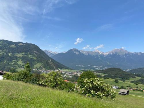 vistas a un valle con montañas en el fondo en Haus Schwaighof en Arzl im Pitztal