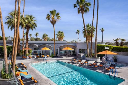 an image of a resort pool with chairs and palm trees at The Palm Springs Hotel in Palm Springs