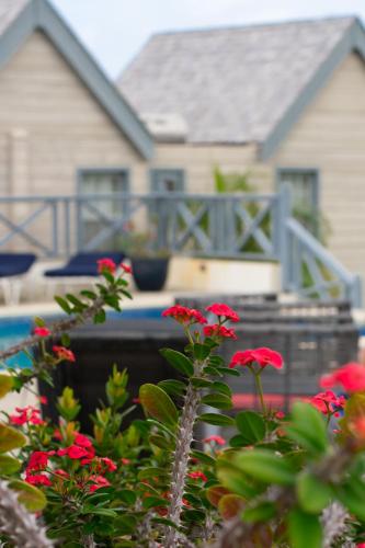 a house with red flowers in front of a yard at West Rock Villas in Saint James