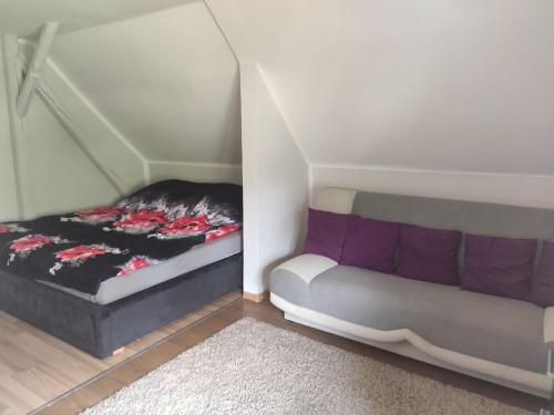 una camera con un letto e un divano. di Dom nad jeziorem Strażym a Zbiczno
