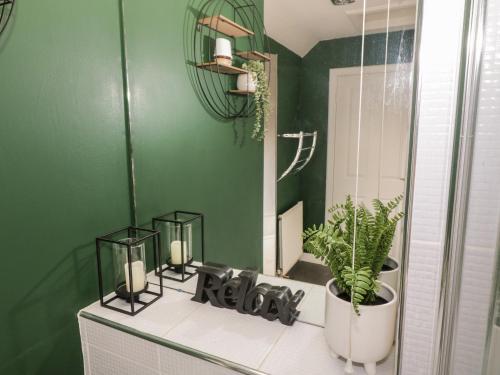 a bathroom with a mirror and a plant on a counter at Greystones Cottage in Crieff