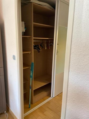 a room with a closet with shelves and a door at Gruissan les MARINES II in Gruissan