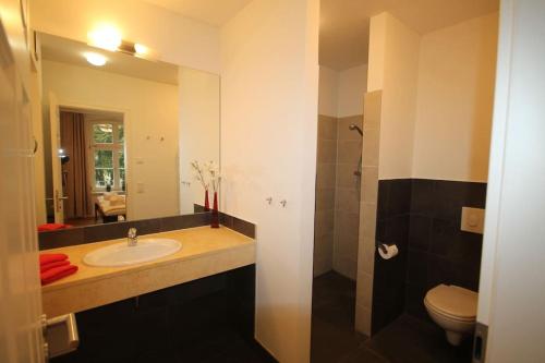 a bathroom with a sink and a toilet and a mirror at Jagdschloss Suite - premium castle hideway in Hohen Niendorf