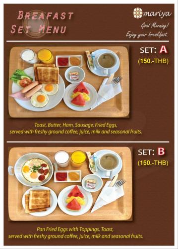 a breakfast set menu with eggs and toast and coffee at Mariya Boutique Hotel At Suvarnabhumi Airport in Lat Krabang