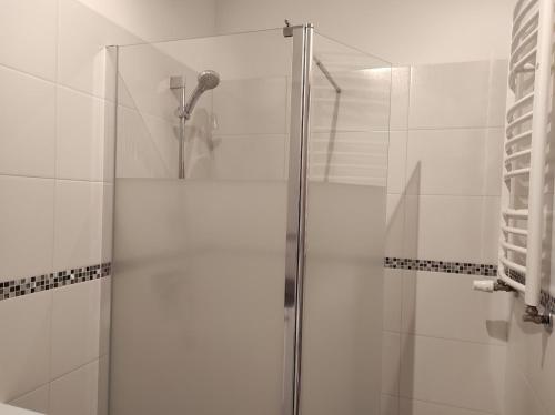 a shower with a glass door in a bathroom at Apartament Tuwima Park in Ełk