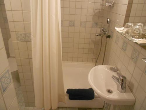 a small bathroom with a sink and a shower at Poska Villa Guesthouse in Tallinn