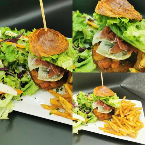 a collage of four pictures of sandwiches and french fries at Hôtel Au Feu De Bois in Autrans