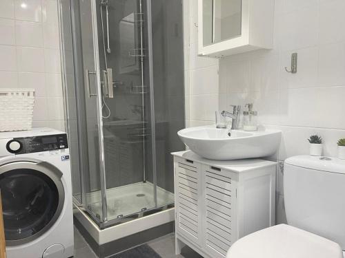 La salle de bains est pourvue d'un lave-linge et d'un lavabo. dans l'établissement Paris 16 Victor Hugo superbe studio, à Paris