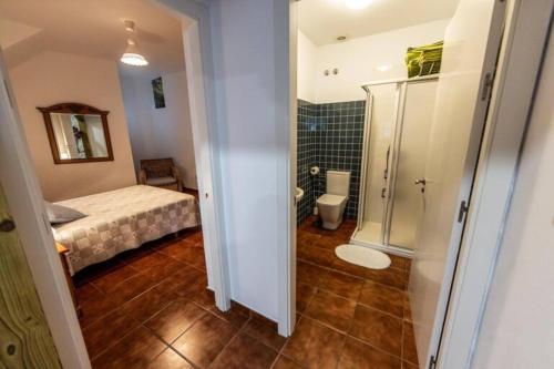 - une petite chambre avec un lit et une salle de bains dans l'établissement Apartamentos Arnela, à Camariñas