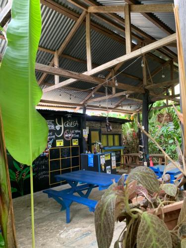 una mesa de ping pong frente a un restaurante en Hostal Camping La Y Griega, en Bocas Town