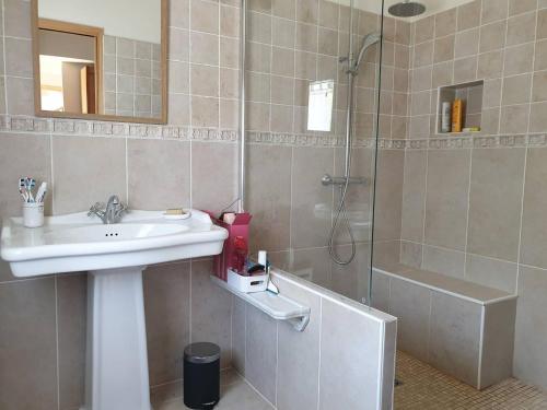 une salle de bain avec un lavabo et une douche dans l'établissement Villa 3* avec WIFI, jardin, à 700m de la plage - 6 pers., Trégastel - FR-1-368-362, à Trégastel