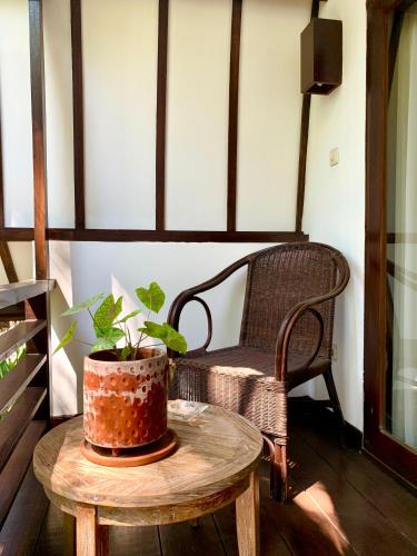 a table with a potted plant on it next to a chair at The Yoga Garden in Gili Trawangan