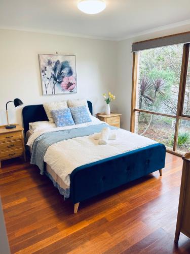 a bedroom with a blue bed with a teddy bear on it at Gorgeous house near beach with nature view in Frankston