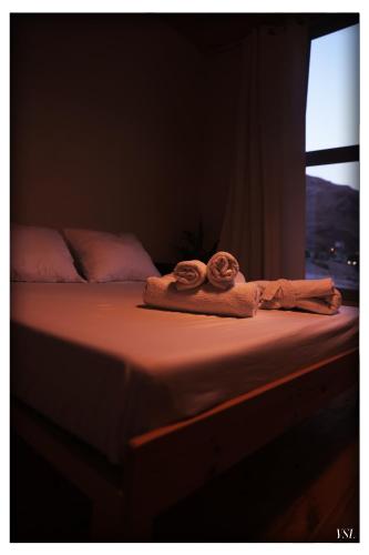 a bed with two towels on it with a window at Dead Sea Rooftop - גג ים המלח in Ovnat