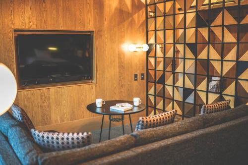 a room with two chairs and a table and a tv at Twin-Line Hotel Karuizawa Japan in Karuizawa