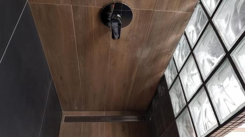 a ceiling with a light in a room with windows at Duseli Holiday House Tutti in Klīvji