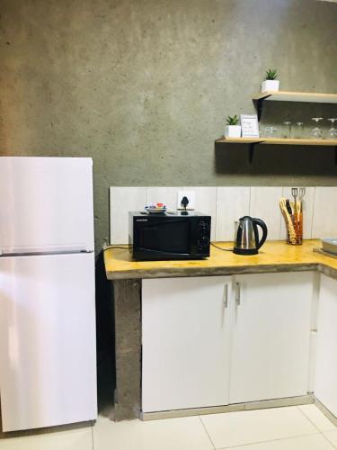 a kitchen with a counter with a microwave and a refrigerator at Asante’s Guest House in Calcutta