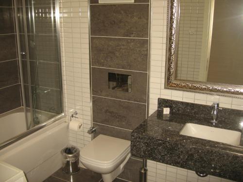 a bathroom with a toilet and a sink and a mirror at Termal Elit Hotel in Gokcedere