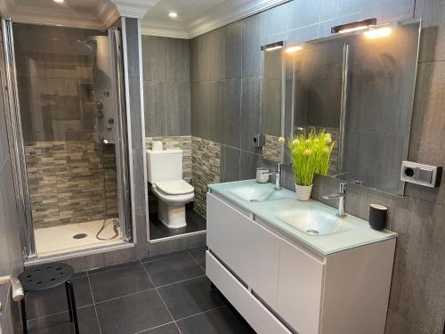 uma casa de banho com um lavatório, um chuveiro e um WC. em PUERTO BANUS Apartamento LOLA em Marbella