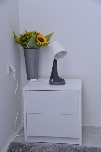 a table with a lamp and a vase of flowers on it at Apartments INN Smederevska Palanka in Smederevska Palanka