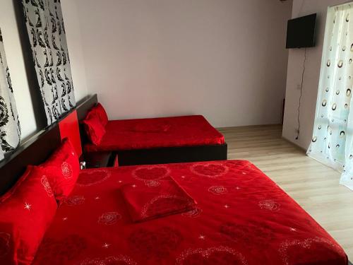 a bedroom with two beds and a red comforter at Vila Pișcoțel in Schitul