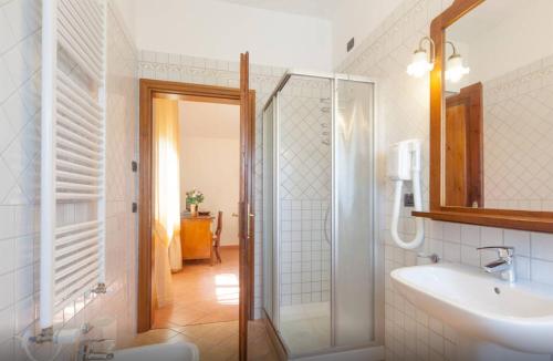 a bathroom with a shower and a sink and a mirror at CASCINA TABACHERA x10 Vineyard House - GARDA LAKE in Pozzolengo