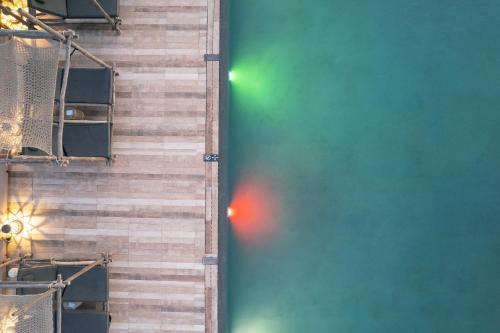 an overhead view of a stadium with a green field at La Mer Resort Spa Crete in Georgioupolis