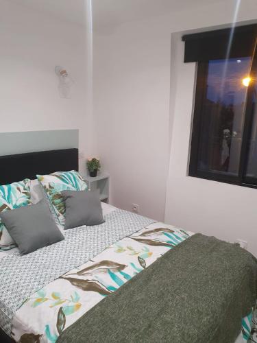 - une chambre avec un lit avec deux oreillers et une fenêtre dans l'établissement Charme appart près de Paris& CDG&Parc d'exposition, à Aulnay-sous-Bois