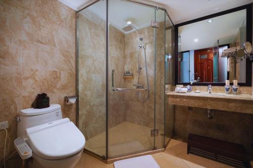 een badkamer met een douche, een toilet en een wastafel bij Hotel Emerald Waters Classy in Hanoi