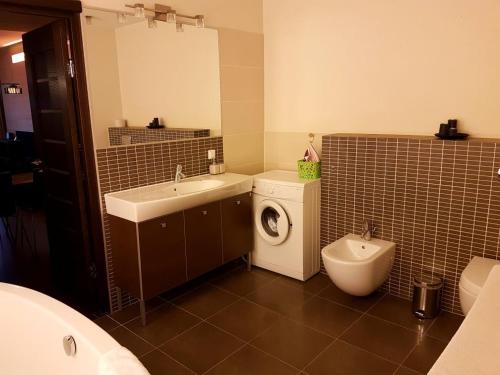 a bathroom with a sink and a washing machine and a toilet at Gyneju 14 in Vilnius