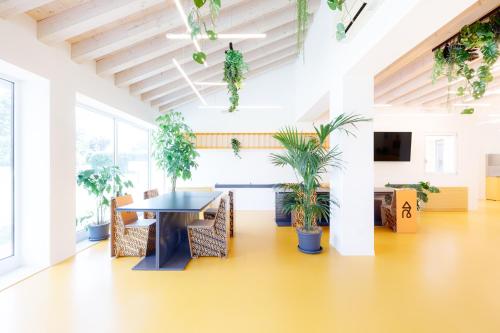 an office with potted plants and a table and chairs at Nomad Hostel in Treviso