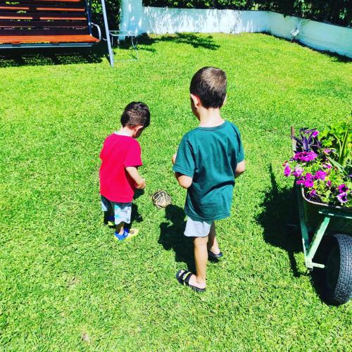 two young boys are standing in the grass at Aurora Premium Hospitality in Parga