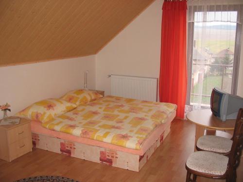 a bedroom with a bed and a tv and a window at Privat Luptak in Štrba