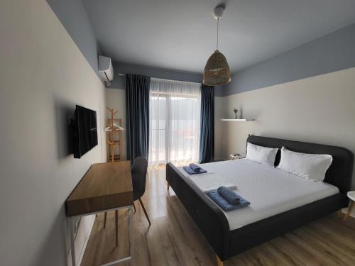 a bedroom with a bed and a desk and a window at Căsuța Sofiei in Eşelniţa
